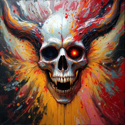 The primary subject of the image is a skull with a red glowing eye, which appears to be a digital art or illustration. The skull is surrounded by a vibrant and colorful background, giving the image a lively and energetic atmosphere. The visual style of the image suggests that it is a creative and artistic representation of the skull, rather than a photograph or a real-life object.